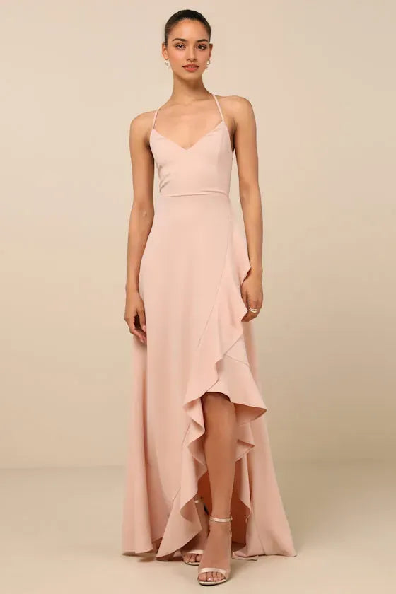 Elegant Blush Pink Chiffon Prom Dress with Spaghetti Straps V - Neckline Asymmetric Ruffle Hem and Flowy Silhouette for Formal Occasions