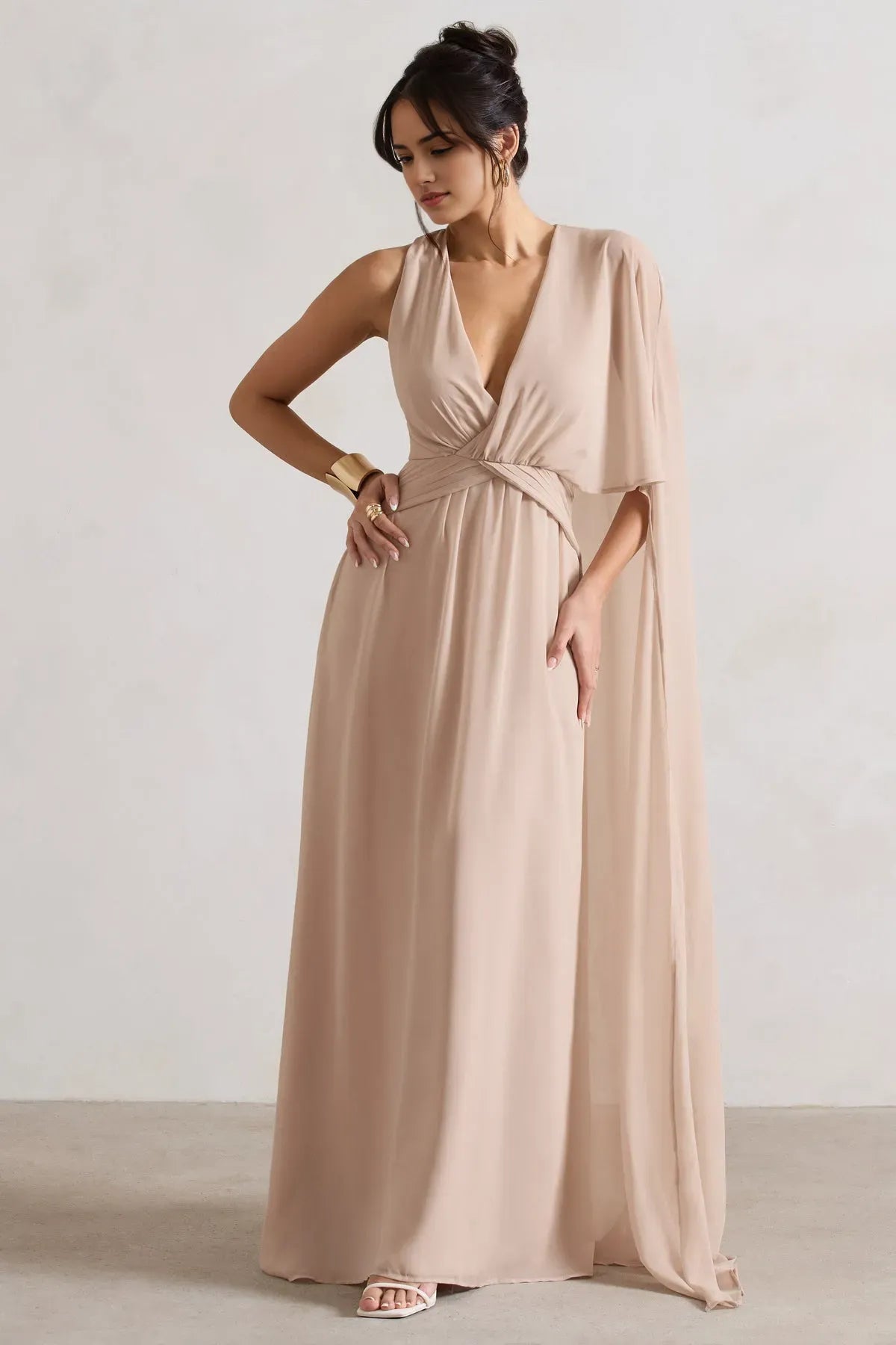 Elegant Blush Pink Chiffon Prom Gown Deep V - Neck Cross  Wrap Waist Asymmetric Cape Sleeve A Fusion of Grace and Drama for Formal Galas