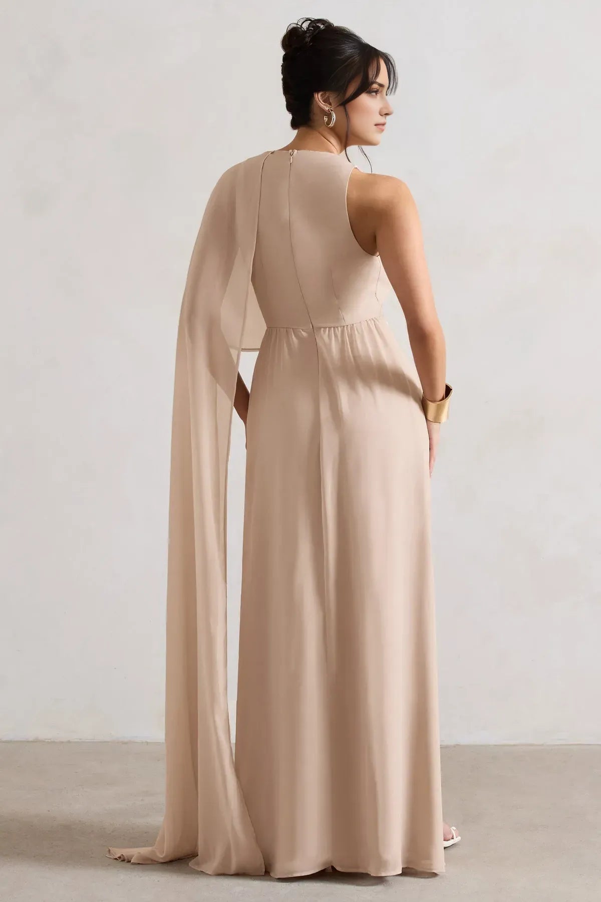 Elegant Blush Pink Chiffon Prom Gown Deep V - Neck Cross  Wrap Waist Asymmetric Cape Sleeve A Fusion of Grace and Drama for Formal Galas