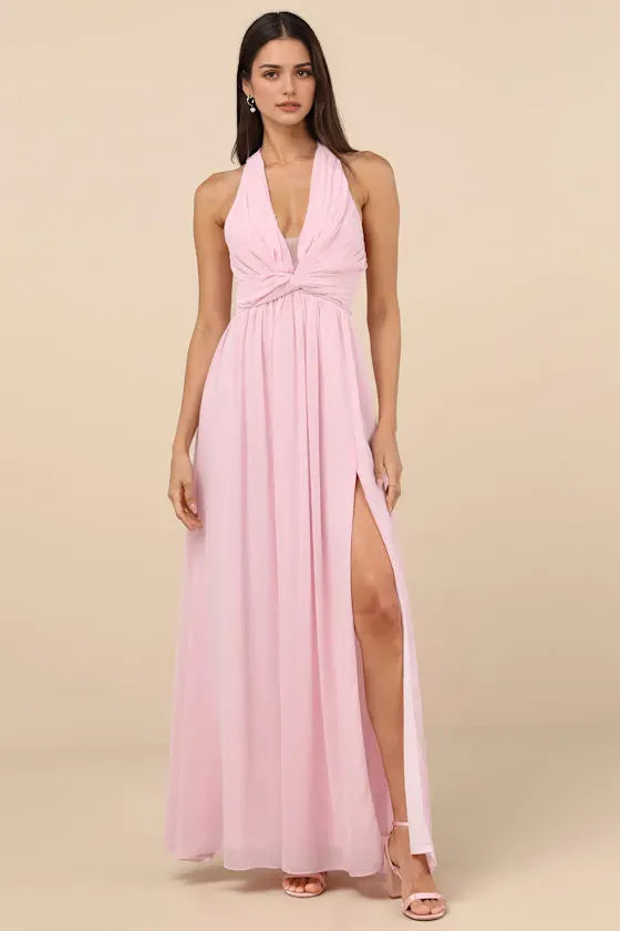Elegant Blush Pink Halter Neck Evening Gown with Twisted Plunging V Neck High Side Slit Hot Sale Long