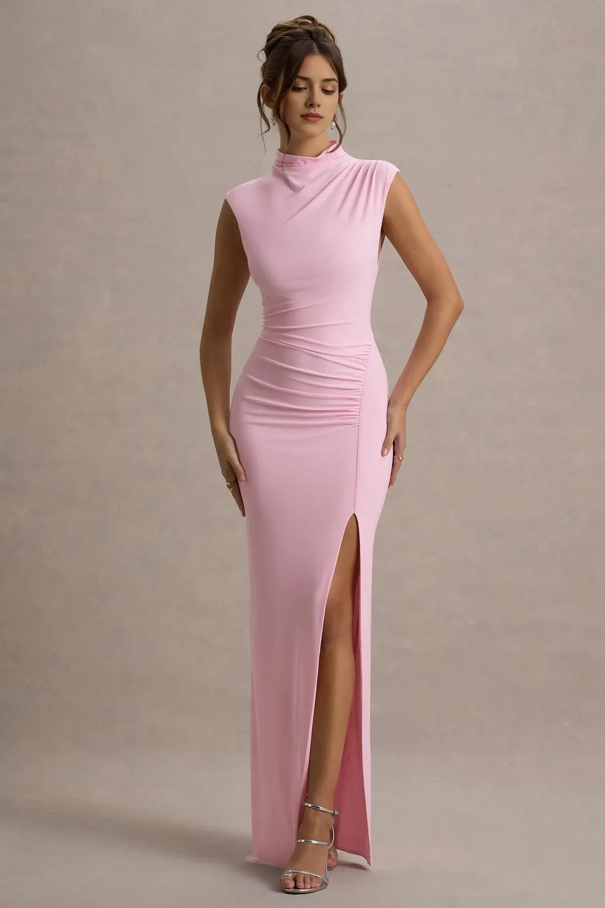 Elegant Blush Pink High  Neck Ruched Prom Dresses with Side Slit  A Perfect Blend of Sophistication and Allure for Memorable Evenings