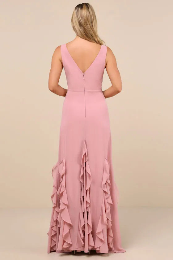 Elegant Blush Pink Jersey Prom Dress with Plunging V Neckline Figure Hugging Fit and Tiered Ruffle Hem for Formal Occasions