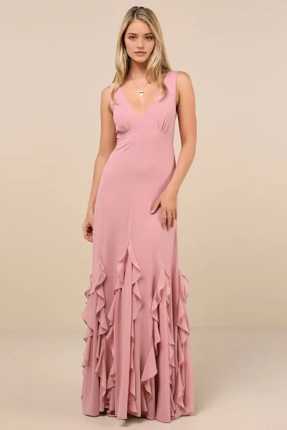 Elegant Blush Pink Jersey Prom Dress with Plunging V Neckline Figure Hugging Fit and Tiered Ruffle Hem for Formal Occasions