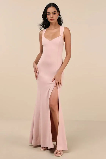 Elegant Blush Pink Mermaid Evening Dresses with Square Neckline Sleeveless Design High Side Slit