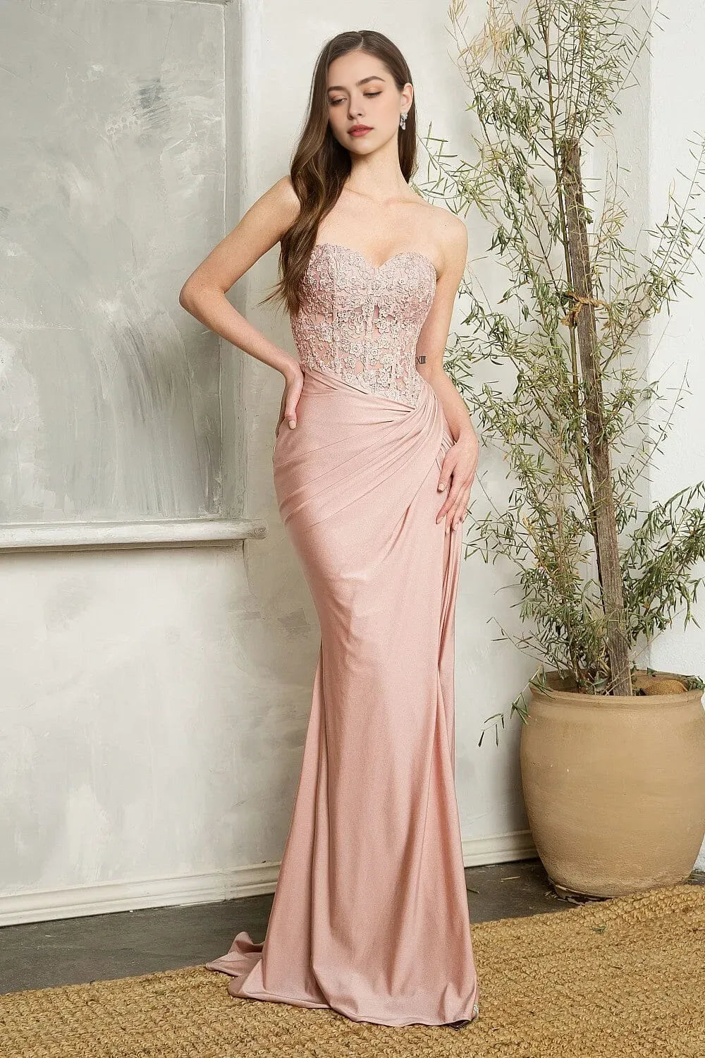 Elegant Blush Pink Mermaid Prom Dress with Strapless Lace Embroidered Bodice and Draped Skirt Details