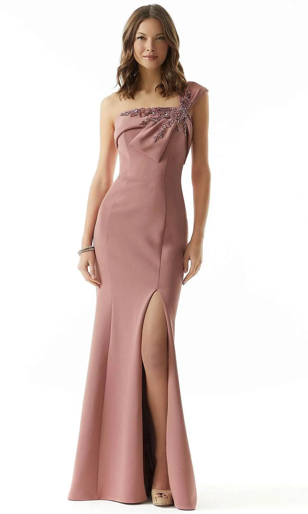 Elegant Blush Pink One - Shoulder Evening Dresses with Embroidered Bow Accent Mermaid Silhouette and High Side Slit for Formal Galas and Special Occasions