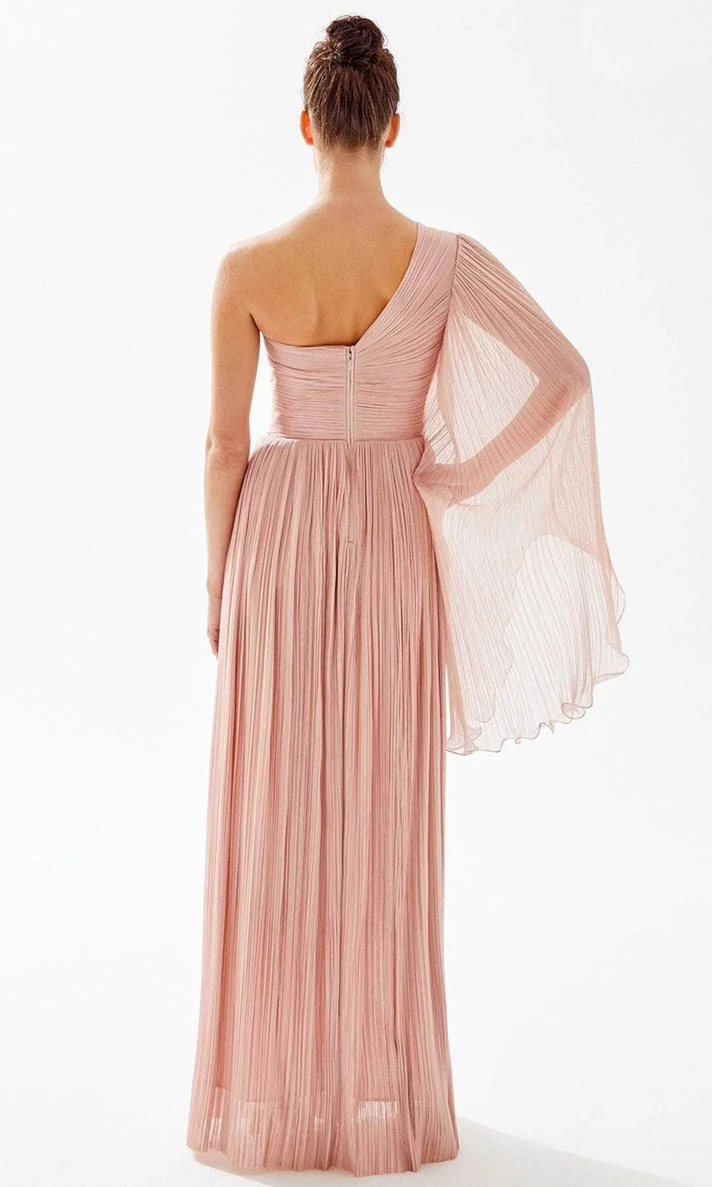 Elegant Blush Pink One - Shoulder Evening Gown featuring Pleated Design Asymmetric Flowy Sleeve Crossover Bodice and Side Slit to Elevate Your Night