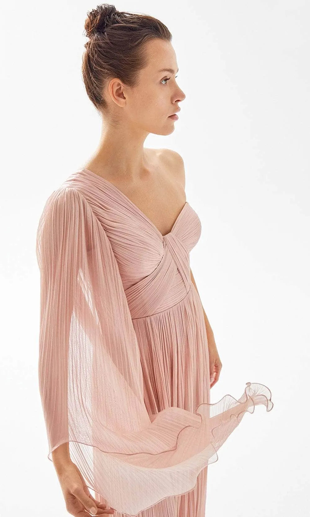 Elegant Blush Pink One - Shoulder Evening Gown featuring Pleated Design Asymmetric Flowy Sleeve Crossover Bodice and Side Slit to Elevate Your Night