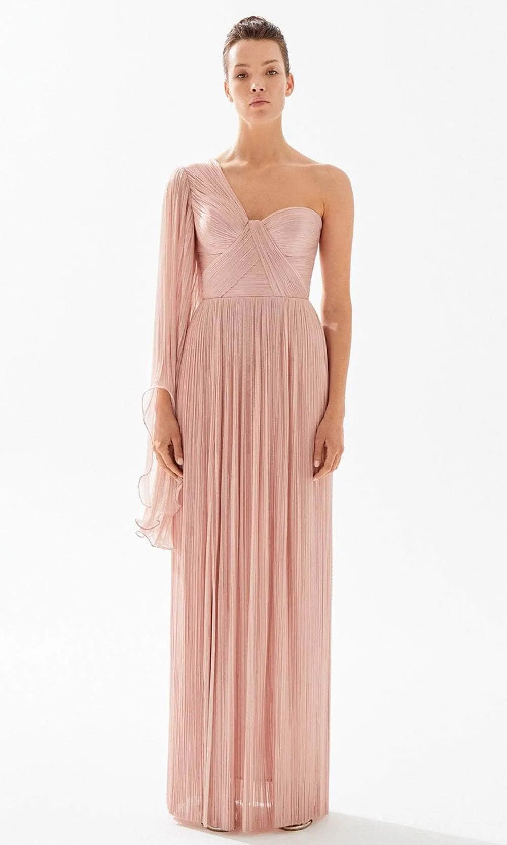 Elegant Blush Pink One - Shoulder Evening Gown featuring Pleated Design Asymmetric Flowy Sleeve Crossover Bodice and Side Slit to Elevate Your Night