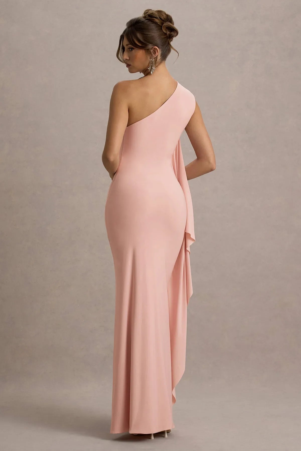 Elegant Blush Pink One - ShoulderProm Dresses Ruched Bodice Draped Asymmetric Detail  Floor Length Silhouette  A Fusion of Romance