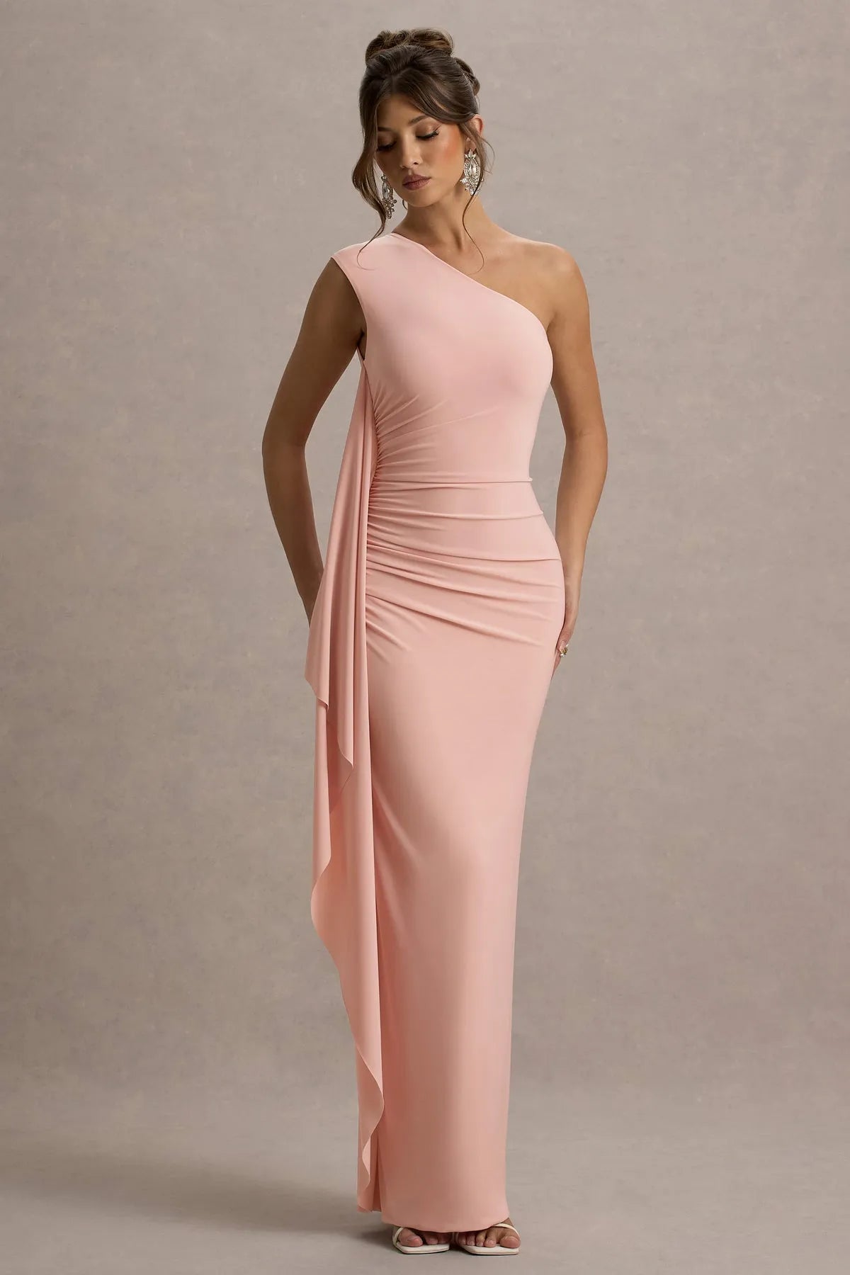 Elegant Blush Pink One - ShoulderProm Dresses Ruched Bodice Draped Asymmetric Detail  Floor Length Silhouette  A Fusion of Romance