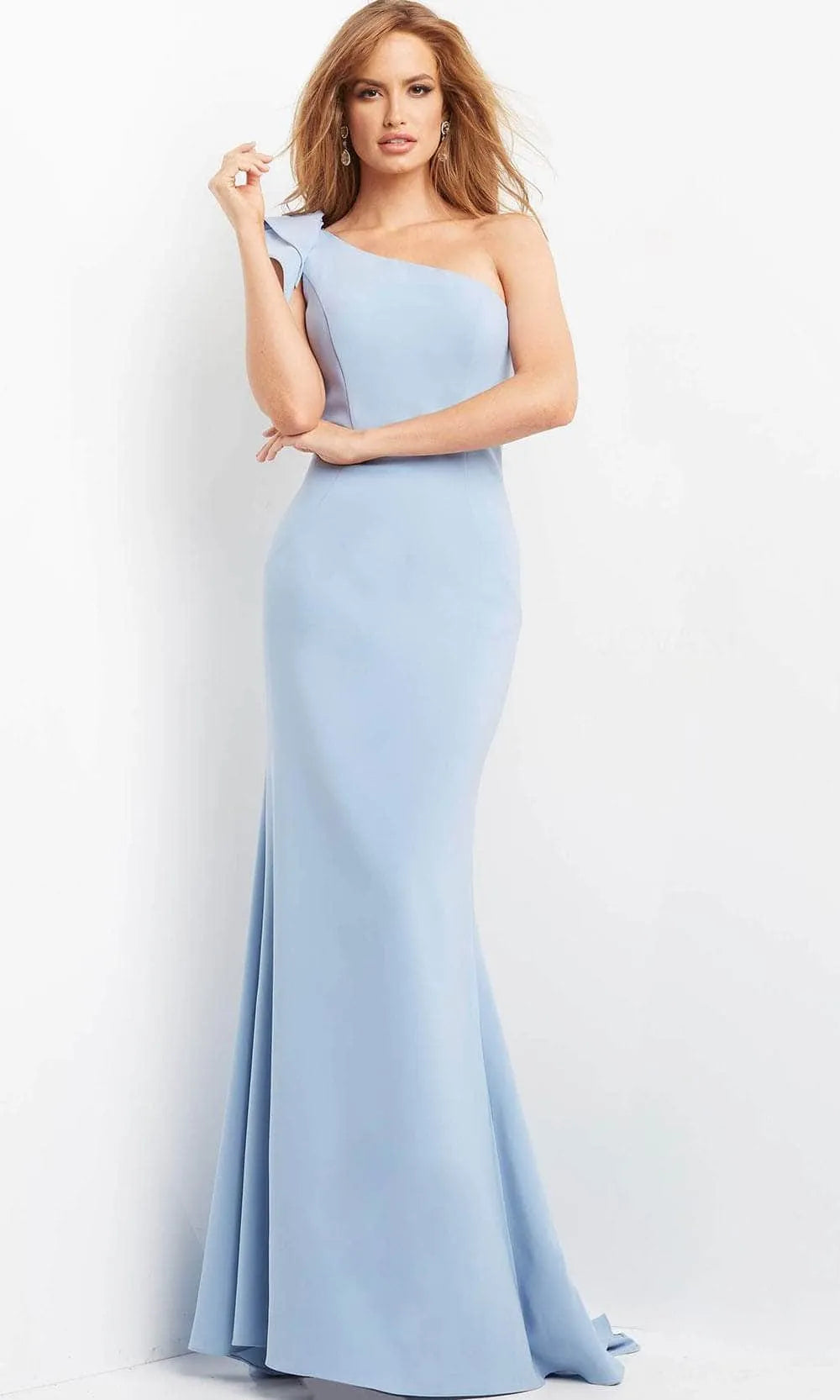 Elegant Light Blue Crepe One Shoulder Mermaid Evening Gown with Bow Detail Ideal for Formal Galas