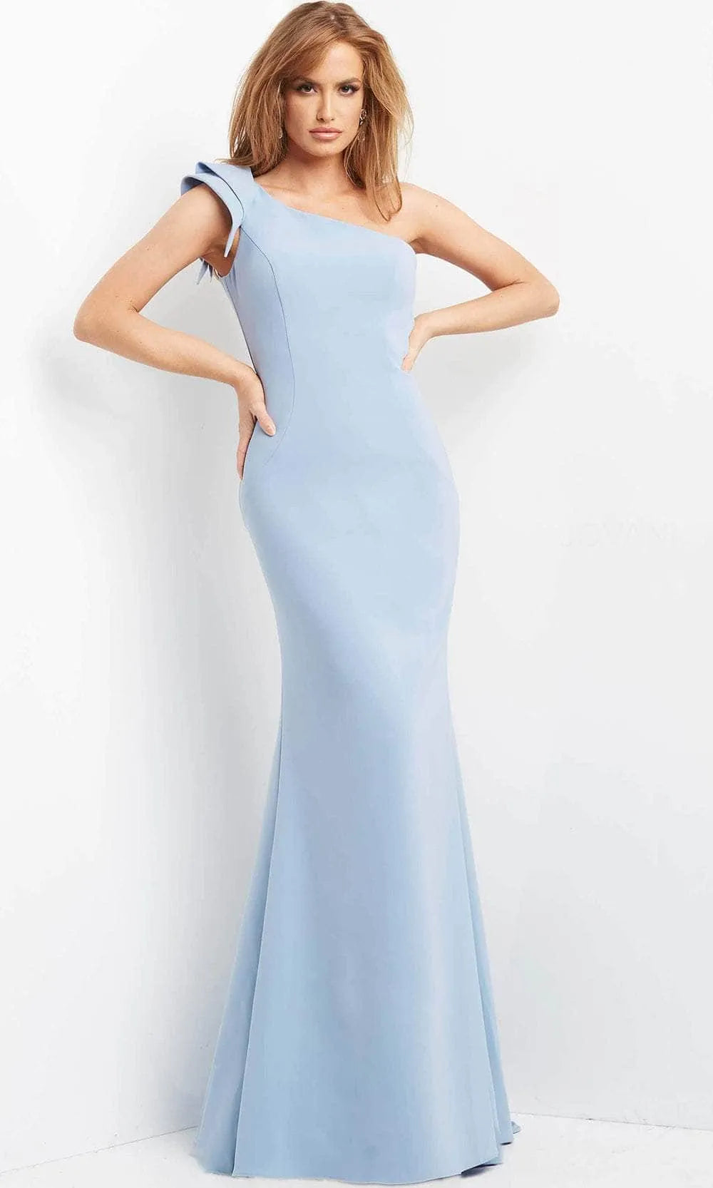 Elegant Light Blue Crepe One Shoulder Mermaid Evening Gown with Bow Detail Ideal for Formal Galas