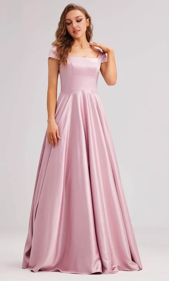 Elegant Blush Pink Satin Evening Gown with Off Shoulder Short Sleeves Square Neckline and Flared Maxi Skirt Ideal for Proms Formal Galas and Black Tie Events