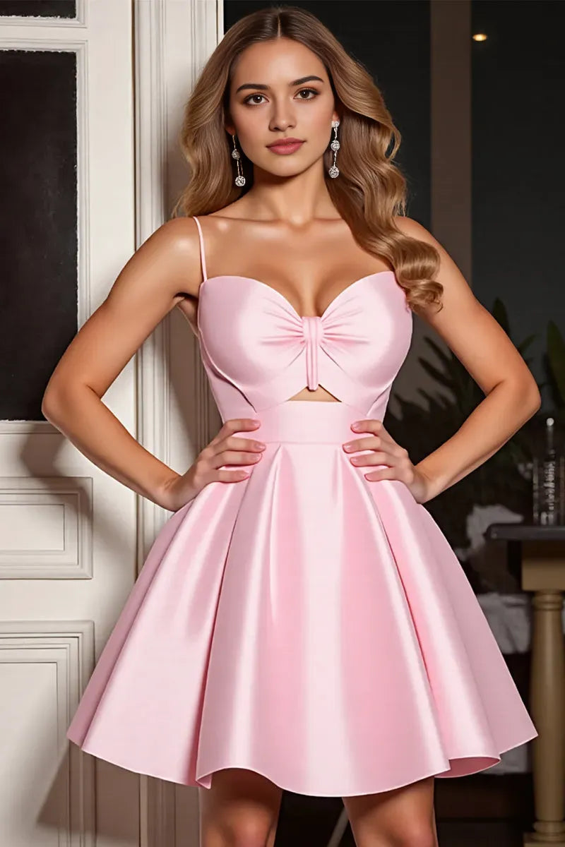 Elegant Blush Pink Satin Homecoming Dress with Bow Detail and Cut - Out ﻿