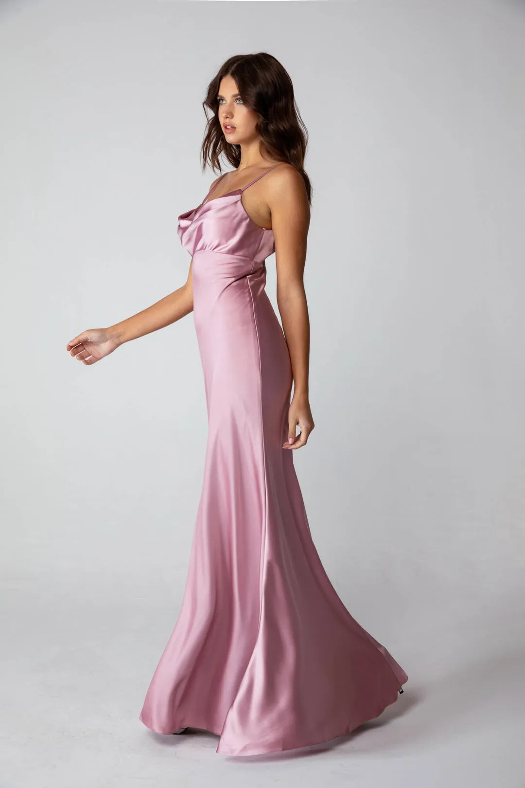 Elegant Blush Pink Satin Mermaid Style Prom Dress with Cowl Neckline and Floor  Length Silhouette for Formal Galas