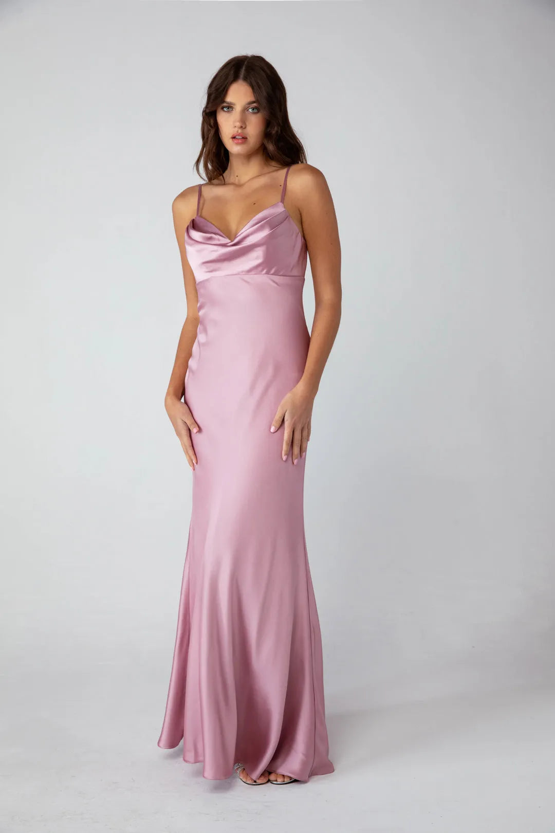 Elegant Blush Pink Satin Mermaid Style Prom Dress with Cowl Neckline and Floor  Length Silhouette for Formal Galas