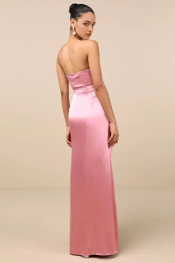 Elegant Blush Pink Satin Prom Dress with Strapless Corset Bodice and Floor Length Mermaid Skirt for Formal Occasions