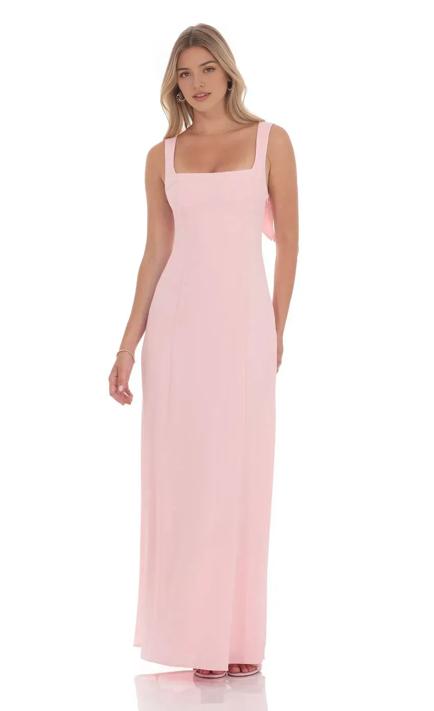 Elegant Blush Pink Square Neck Prom Dress with Bow Back Detail Perfect for Timeless Prom Nights