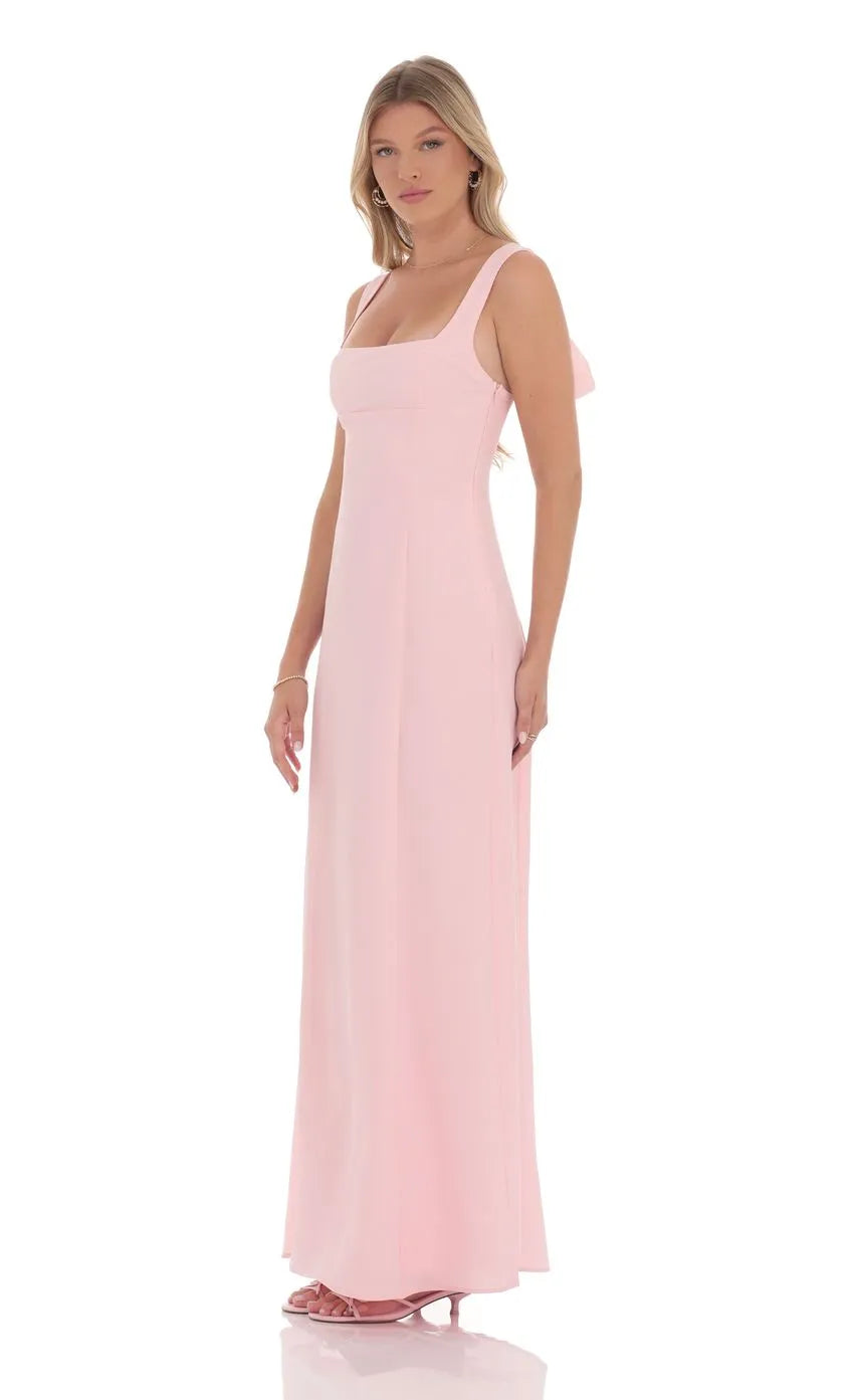 Elegant Blush Pink Square Neck Prom Dress with Bow Back Detail Perfect for Timeless Prom Nights