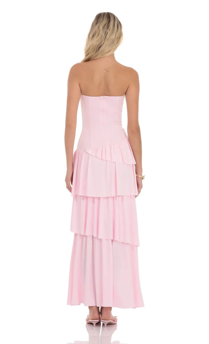 Elegant Blush Pink Strapless Prom Dress with Asymmetric Tiered Ruffle Skirt  Corset Bodice  Perfect for Romantic Prom Nights
