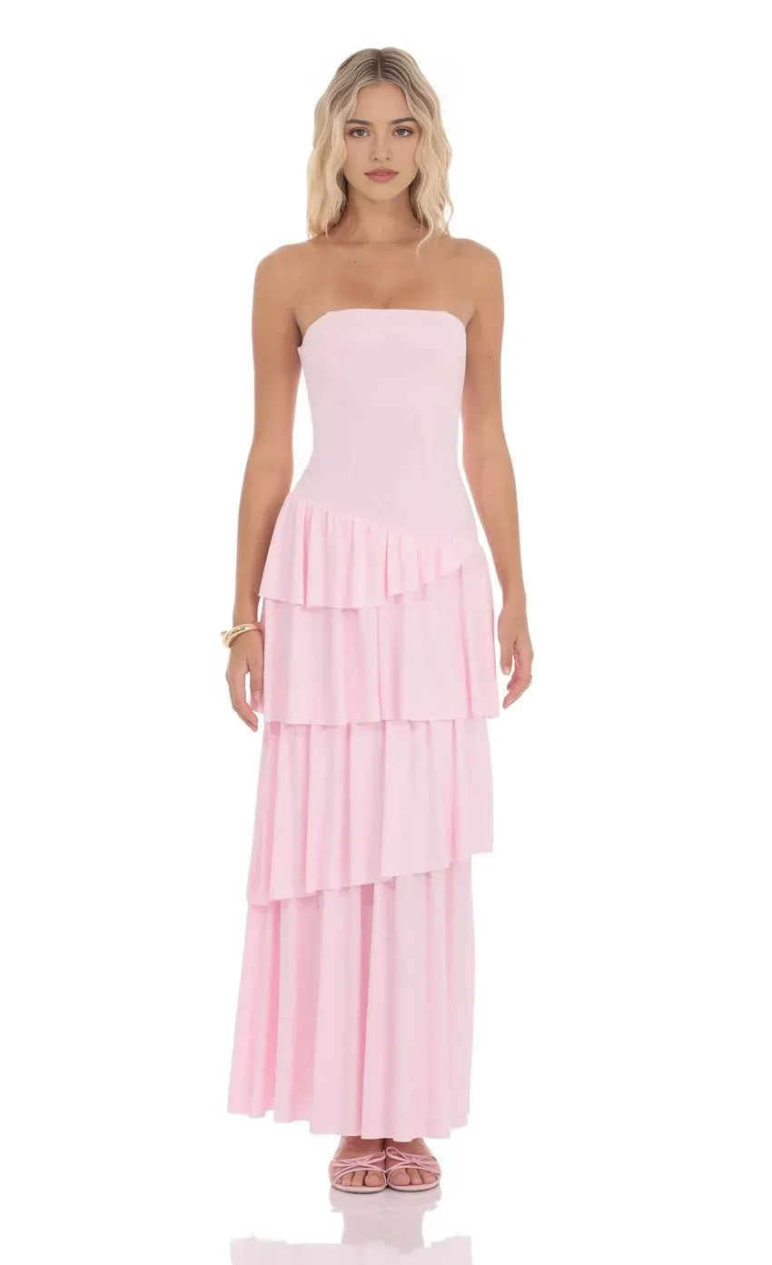 Elegant Blush Pink Strapless Prom Dress with Asymmetric Tiered Ruffle Skirt  Corset Bodice  Perfect for Romantic Prom Nights