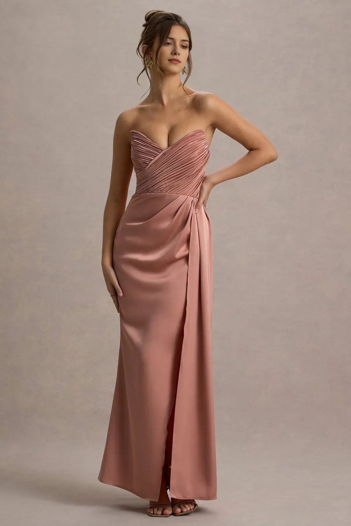 Elegant Blush Pink Strapless Satin Prom Dresses  Ruched Sweetheart Neckline Draped Side Detail High Slit  A Fusion of Romance and Sophistication for Formal