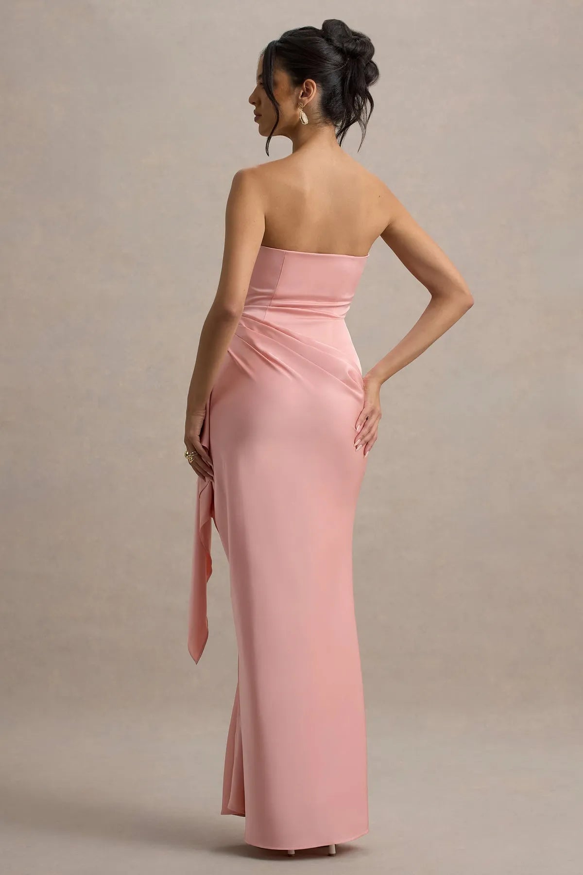 Elegant Blush Pink Strapless Satin Prom Dresses with Asymmetric Draped Bow Detail