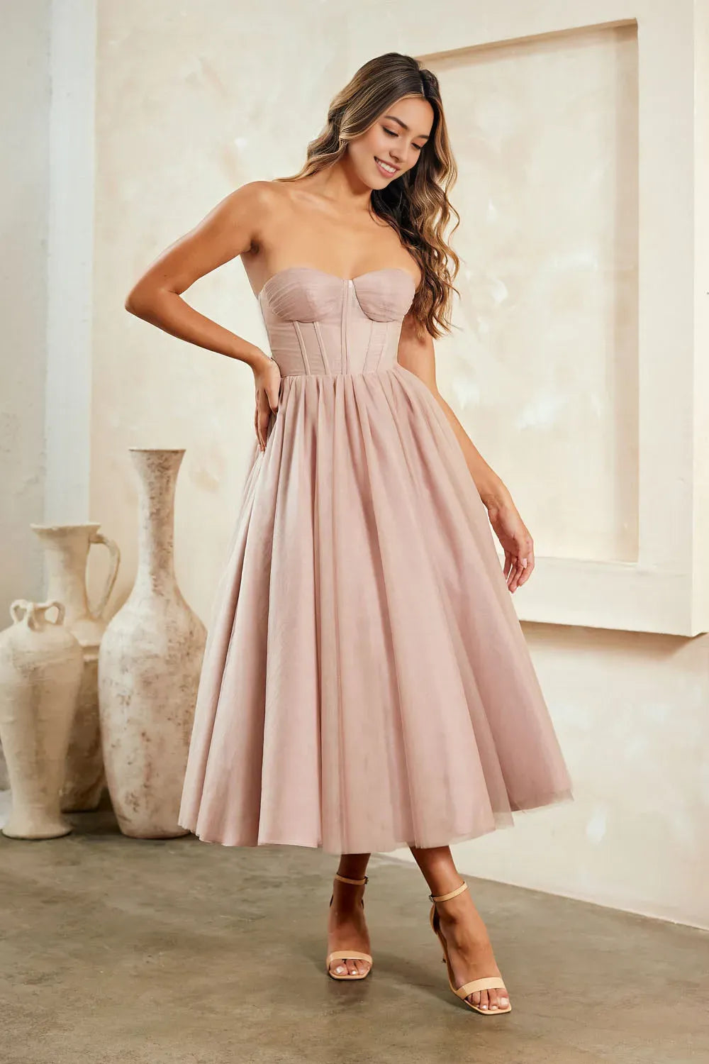 Elegant Blush Pink Strapless Tulle Midi Prom Dress with Corset Bodice for Formal Occasions