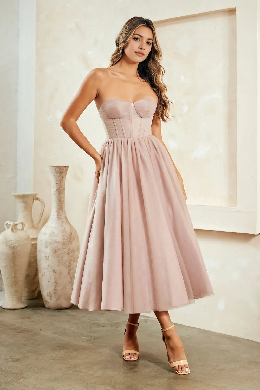 Elegant Blush Pink Strapless Tulle Midi Prom Dress with Corset Bodice for Formal Occasions