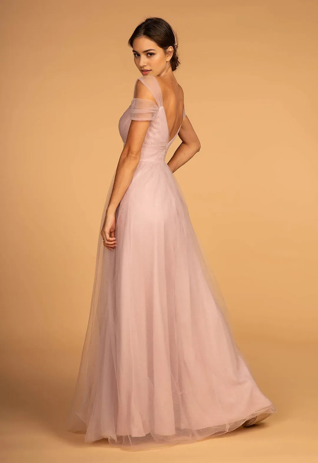 Elegant Blush Pink Tulle Prom Dress with Off Shoulder Sheer Sleeves Sweetheart Neckline  Flowy A - Line Silhouette for Formal Occasions