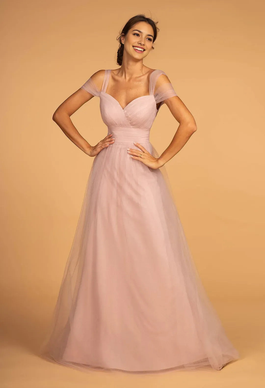 Elegant Blush Pink Tulle Prom Dress with Off Shoulder Sheer Sleeves Sweetheart Neckline  Flowy A - Line Silhouette for Formal Occasions