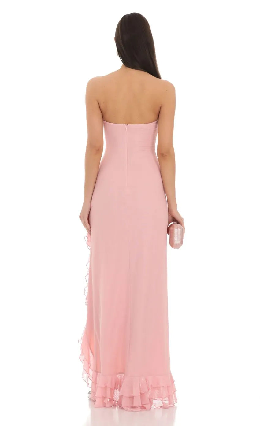 Elegant Blush Strapless Gown Ruffled Slit Hem Bodycon Silhouette Shine at Prom