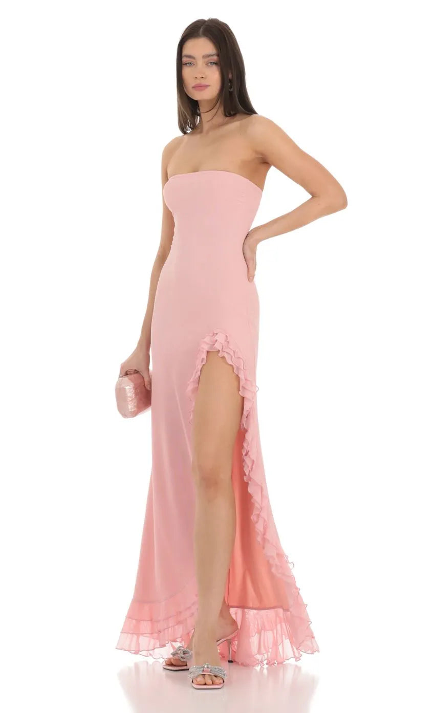 Elegant Blush Strapless Gown Ruffled Slit Hem Bodycon Silhouette Shine at Prom