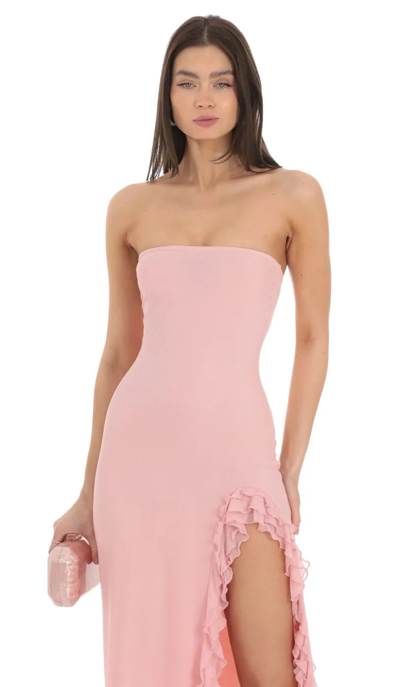 Elegant Blush Strapless Gown Ruffled Slit Hem Bodycon Silhouette Shine at Prom