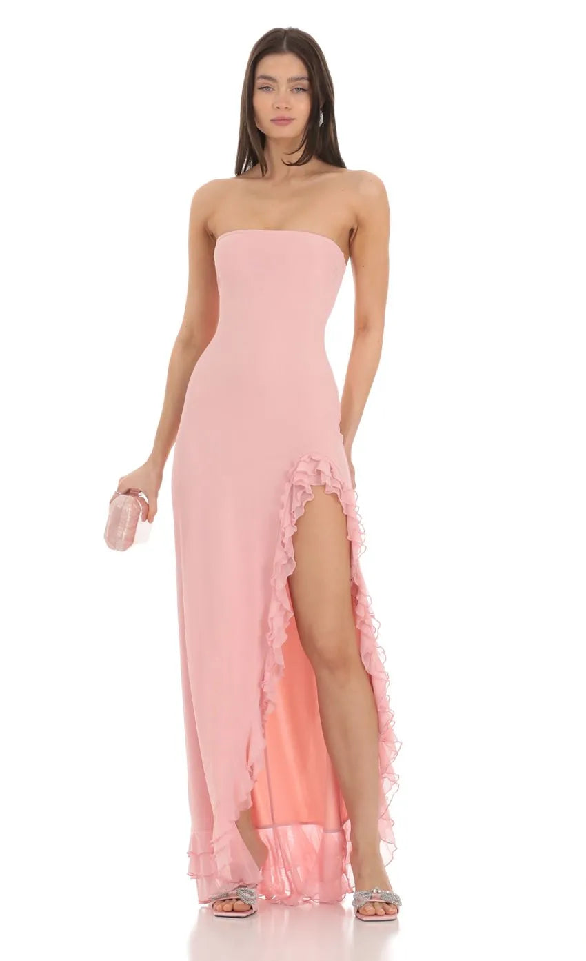 Elegant Blush Strapless Gown Ruffled Slit Hem Bodycon Silhouette Shine at Prom