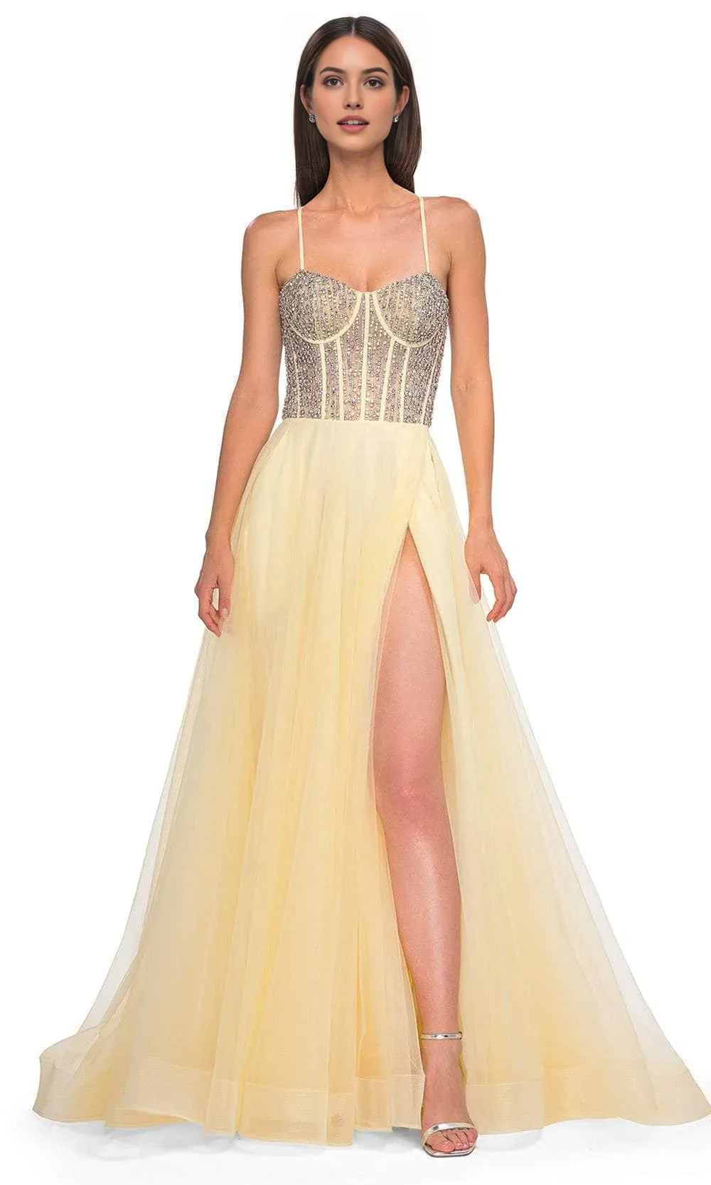 Elegant Blush Tulle Prom Gown with Intricate Beaded and Embroidered Corset Bodice for Formal Occasions
