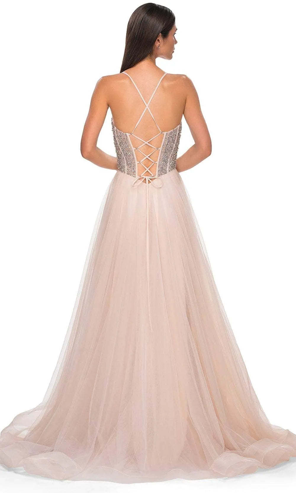 Elegant Blush Tulle Prom Gown with Intricate Beaded and Embroidered Corset Bodice for Formal Occasions