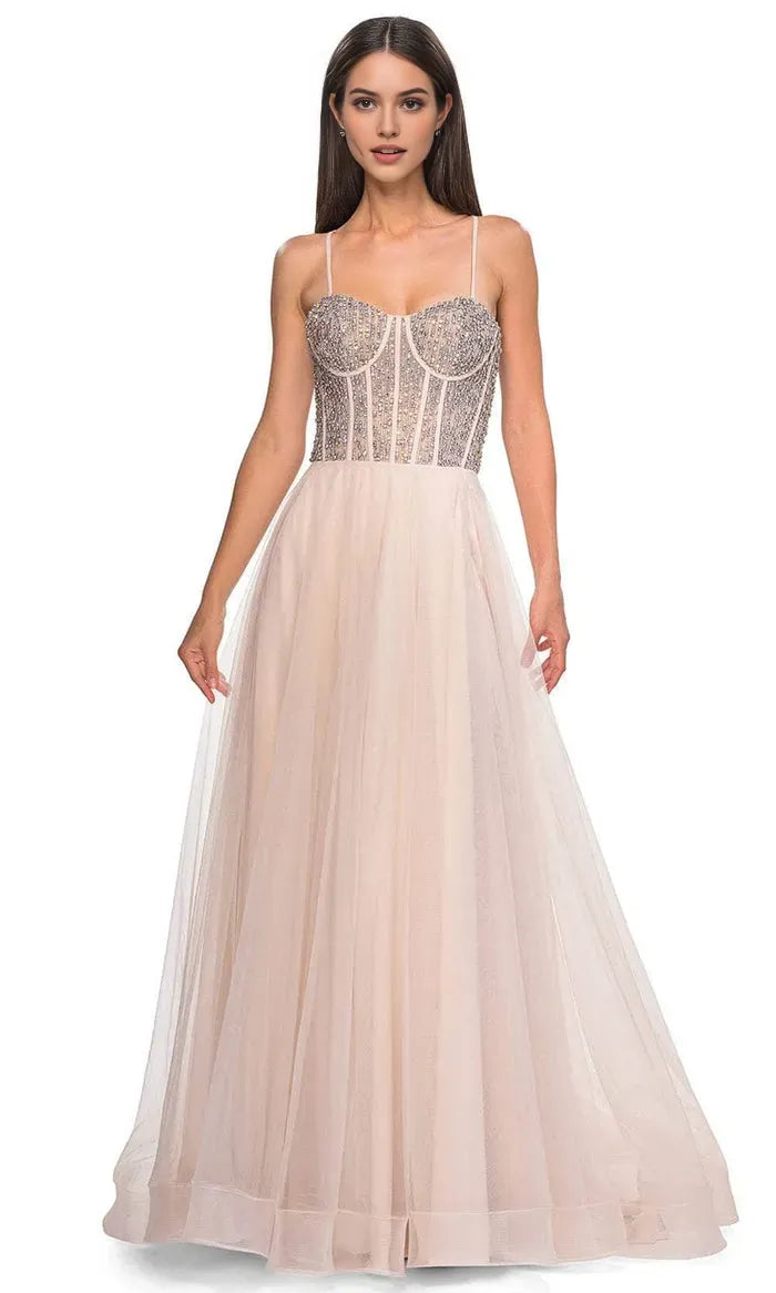 Elegant Blush Tulle Prom Gown with Intricate Beaded and Embroidered Corset Bodice for Formal Occasions