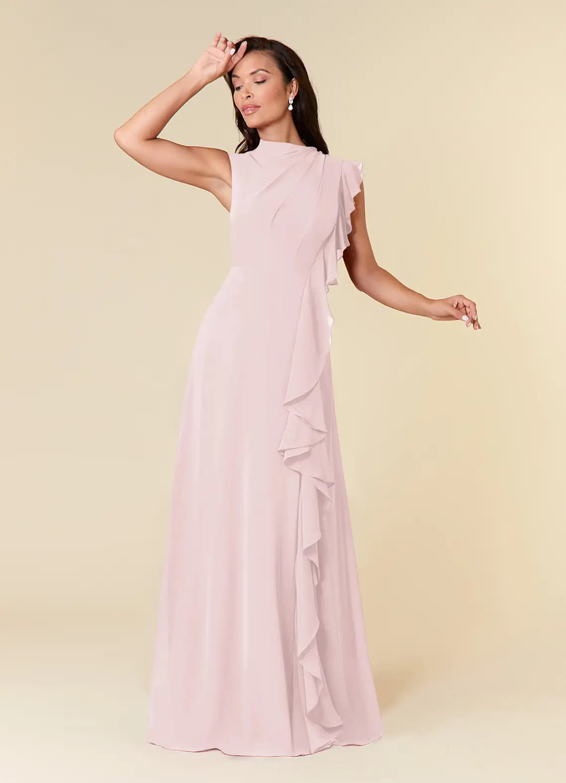 Elegant Blushing Pink A-Line High Neckline Pleated Mother of the Bride Dresses One - Shoulder Ruffled Detailing Floor  Length Skirt