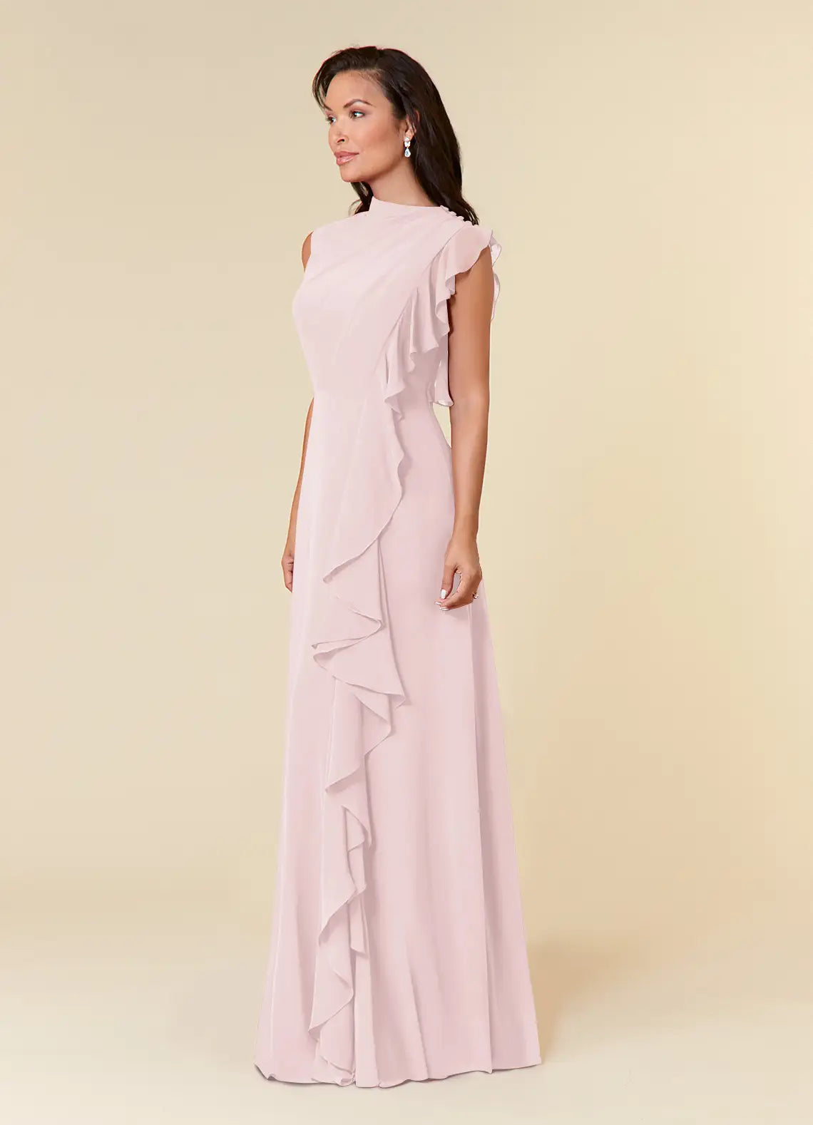 Elegant Blushing Pink A-Line High Neckline Pleated Mother of the Bride Dresses One - Shoulder Ruffled Detailing Floor  Length Skirt