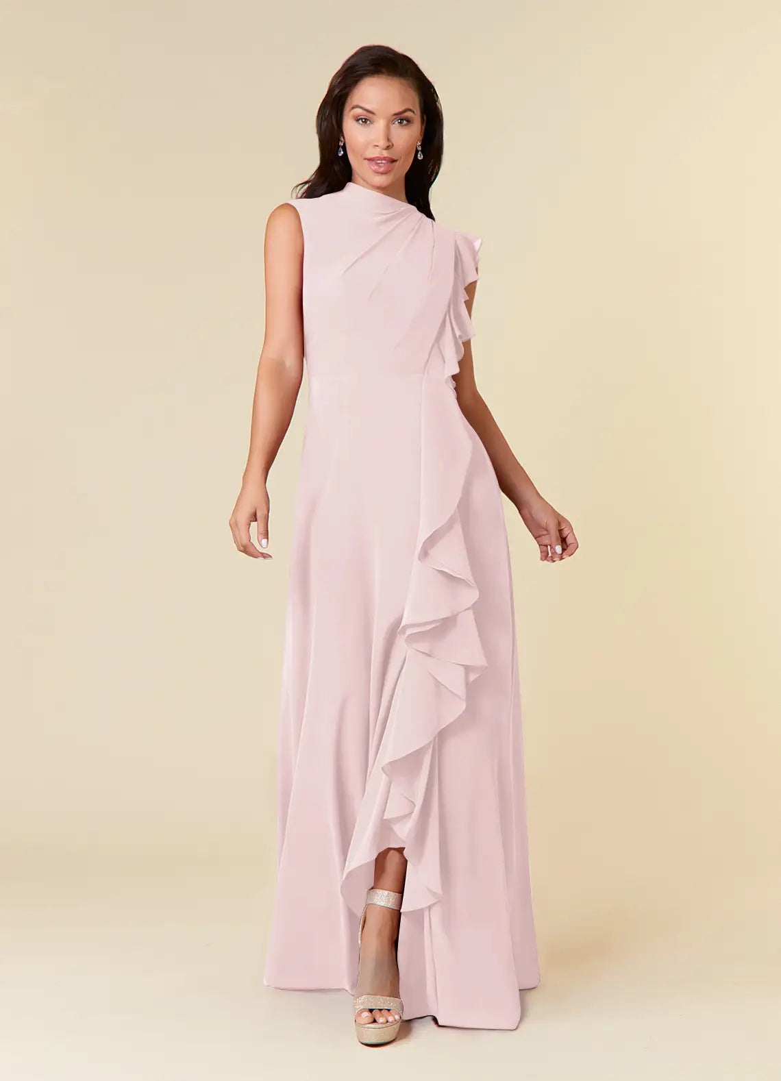 Elegant Blushing Pink A-Line High Neckline Pleated Mother of the Bride Dresses One - Shoulder Ruffled Detailing Floor  Length Skirt