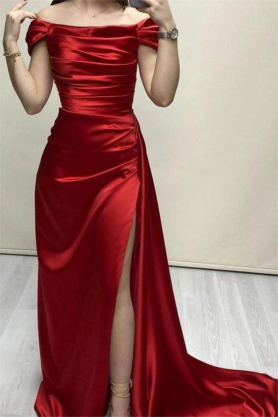 Elegant Boat Neck Evening Dress with Slit Popular Prom Dress