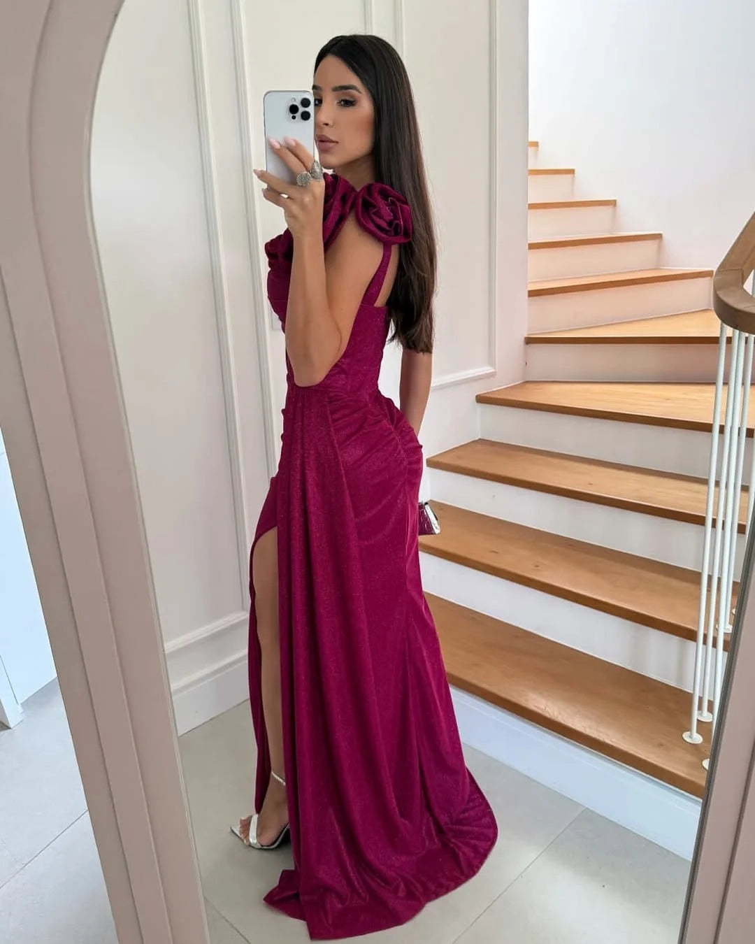 Elegant Bodycon One-Shoulder Floral Burgundy Maxi Evening Dress