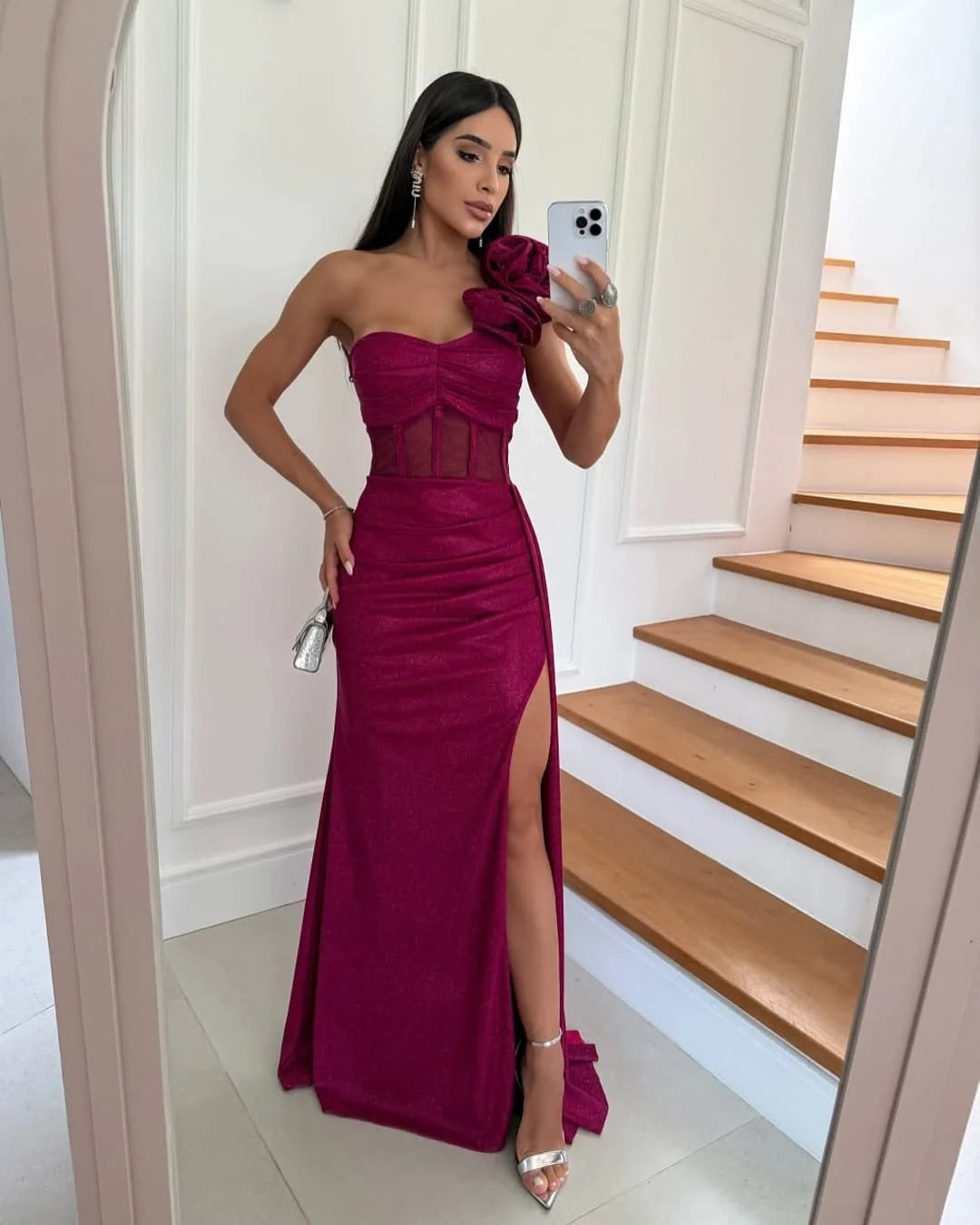 Elegant Bodycon One-Shoulder Floral Burgundy Maxi Evening Dress