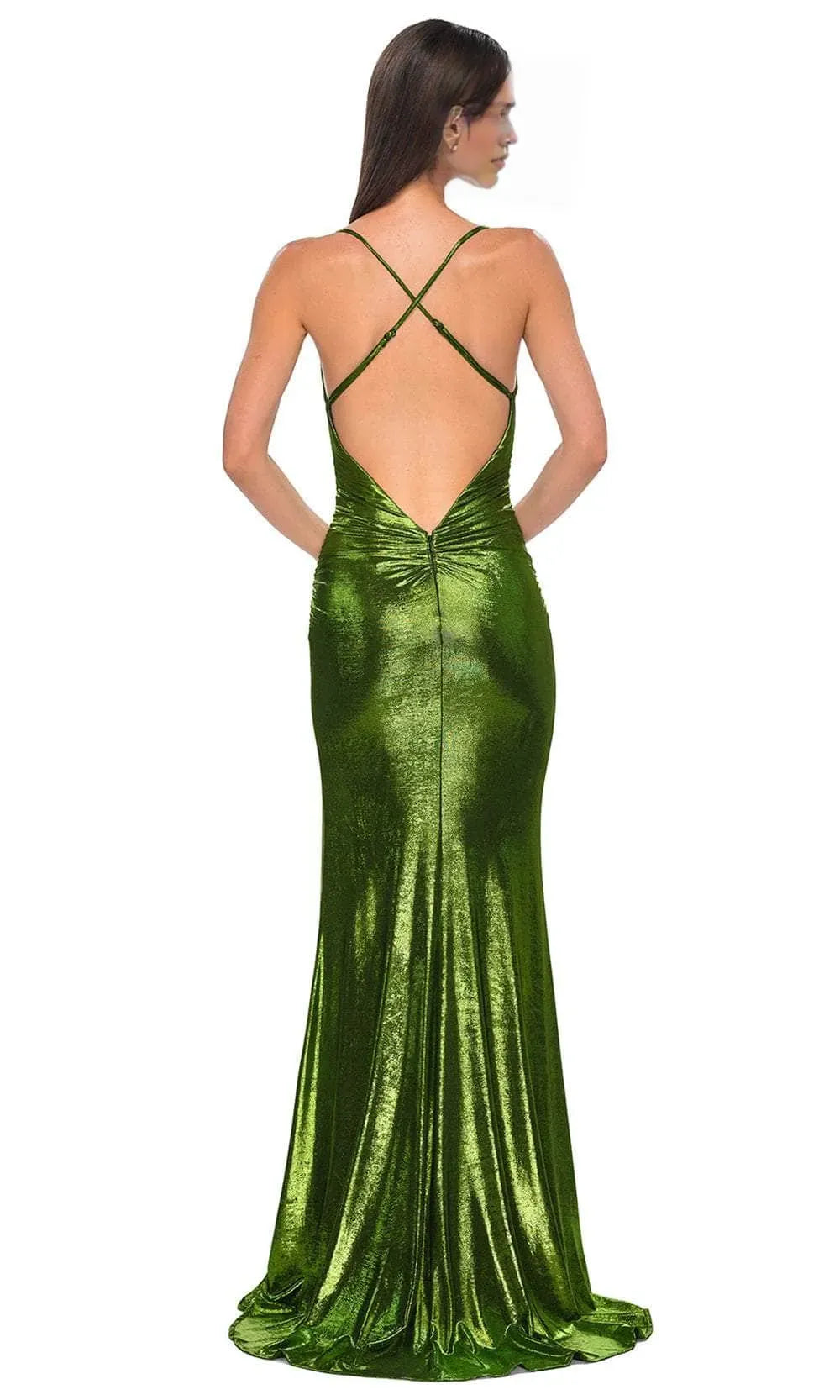 Elegant Bronze Metallic Cowl Neck Spaghetti Strap Prom Dress with High Side Slit Perfect for Formal Evening Events Galas