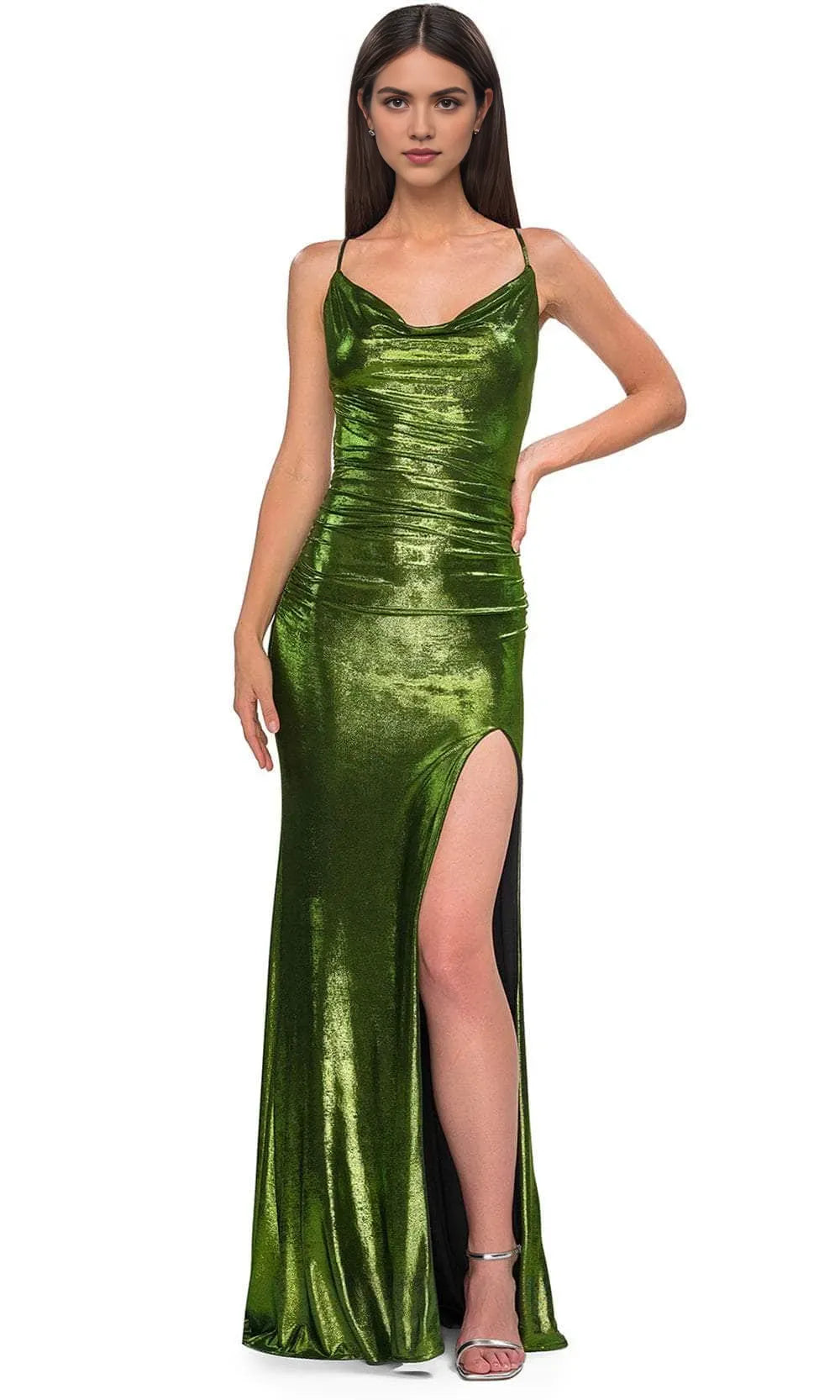 Elegant Bronze Metallic Cowl Neck Spaghetti Strap Prom Dress with High Side Slit Perfect for Formal Evening Events Galas