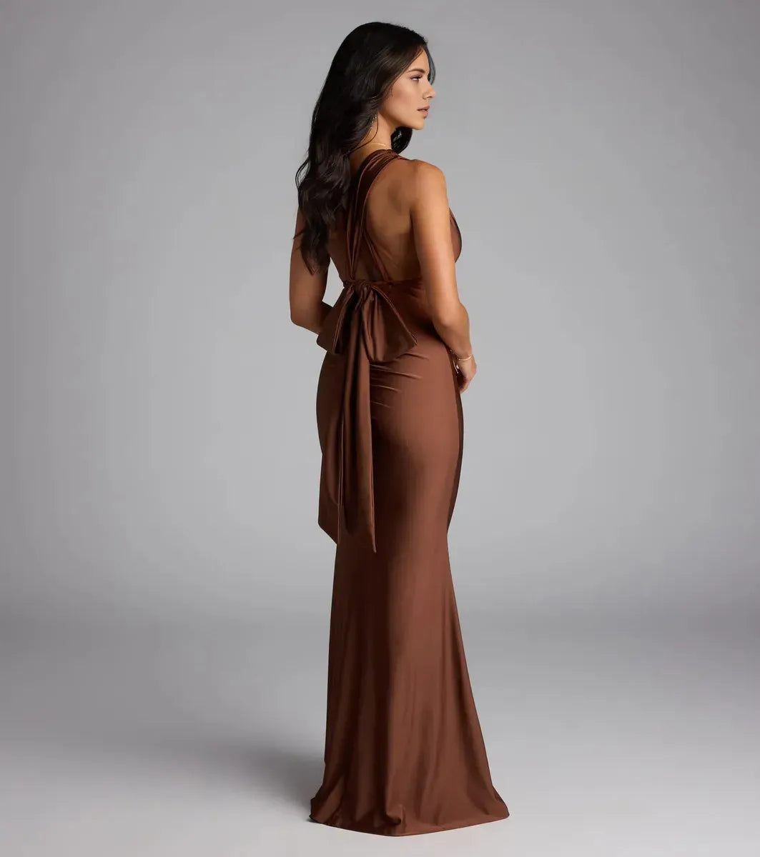 Elegant Brown Mermaid Halter Neck Sleeveless Tie-Back High Slit Floor-Length Prom Dresses