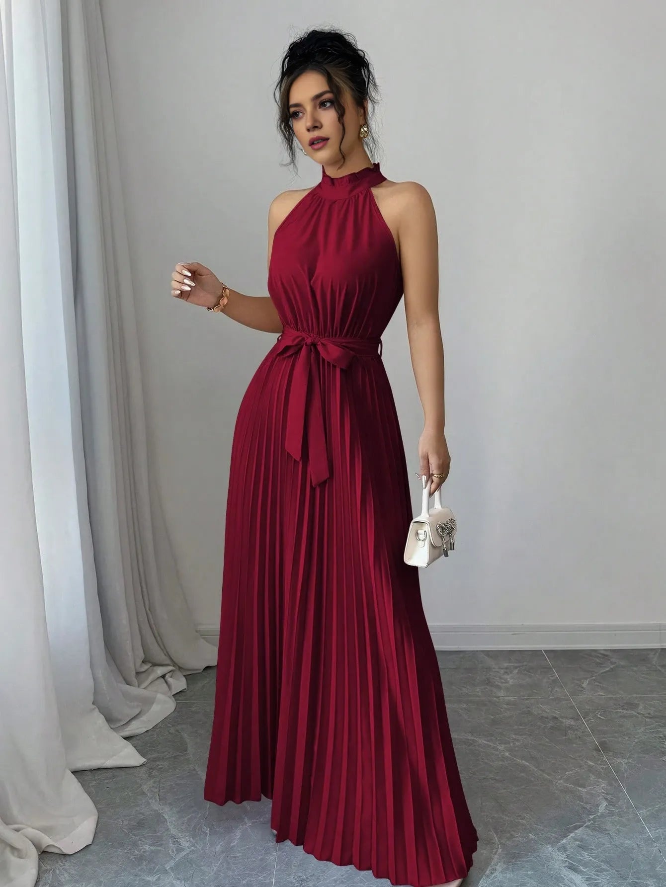 Elegant Burgundy A-Line Halter-Neck Sleeveless Keyhole-Back Floor-Length Pleated Ruffle Prom Dresses