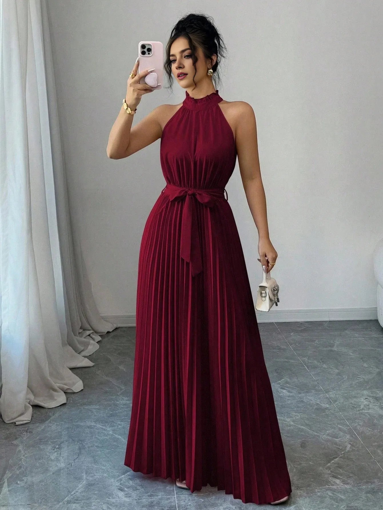 Elegant Burgundy A-Line Halter-Neck Sleeveless Keyhole-Back Floor-Length Pleated Ruffle Prom Dresses